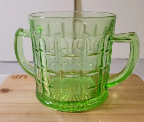 Vintage Hazel Atlas Uranium Glass Colonial Block Green Open Sugar Bowl