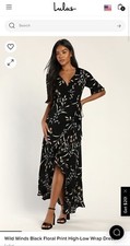 Lulus Wild Winds Black Floral Print High-Low Wrap Dress. New with Tags
