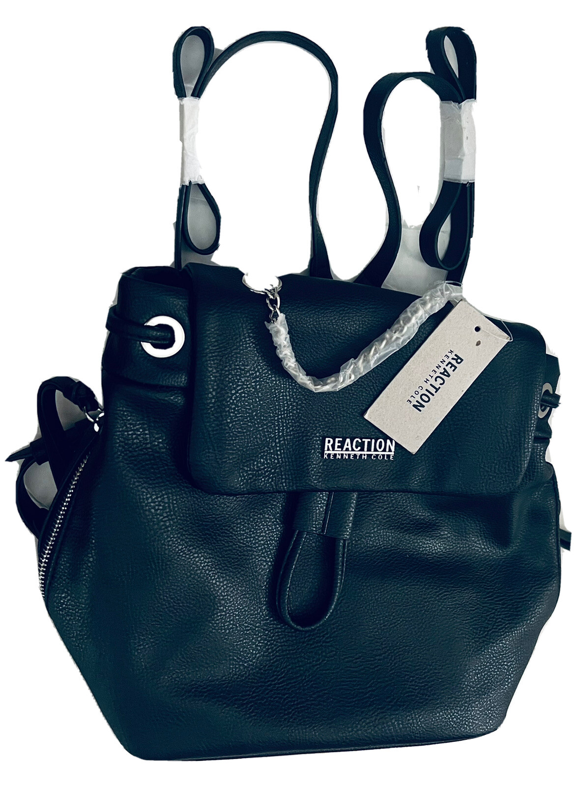 NUEVA CON ETIQUETAS MOCHILA DE REACCIÓN KENETH COLE NEGRA GUIJARROS IMITACIÓN CUERO PLATA CREMALLERA LATERAL PAQUETE