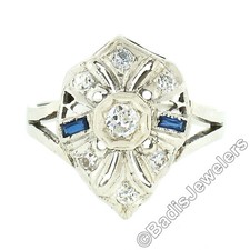 Antique Art Deco 14k White Gold 0.24ct Diamond Sapphire Filigree Open Work Ring