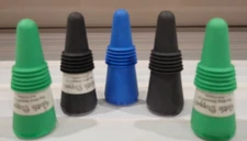 5 RUBBER BOTTLE STOPPERS 2 GREEN 2 BLACK AND 1 BLUE 2.5 INCHES TALL