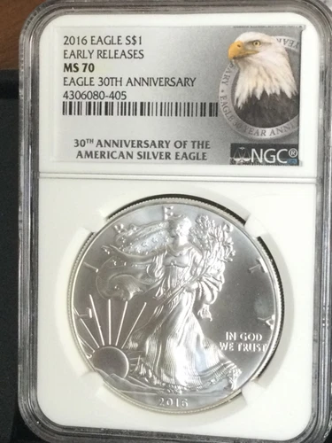 2016 AMERICAN SILVER EAGLE NGC MS70 ‘EARLY RELEASES’ 30th ANNIVERSARY LABEL
