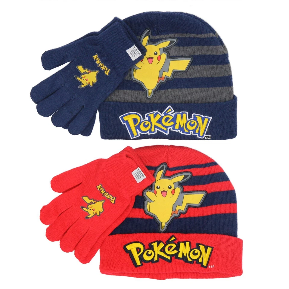 POKÉMON Pokemon Winter Mütze + Handschuhe Kinder Jungen Strickmütze gestreift