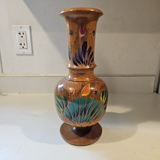 Turned Wood Hand Painted Vase Floral Design MCM