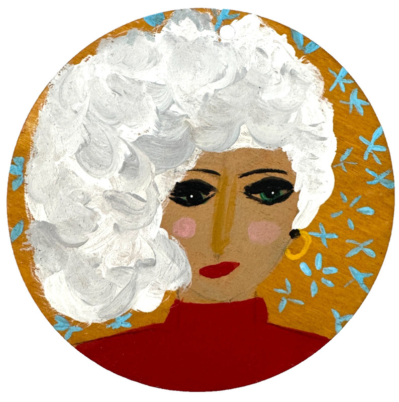 Original Mini Painting, round abstract mini portrait, lady, acrylic, wood, 3.5"