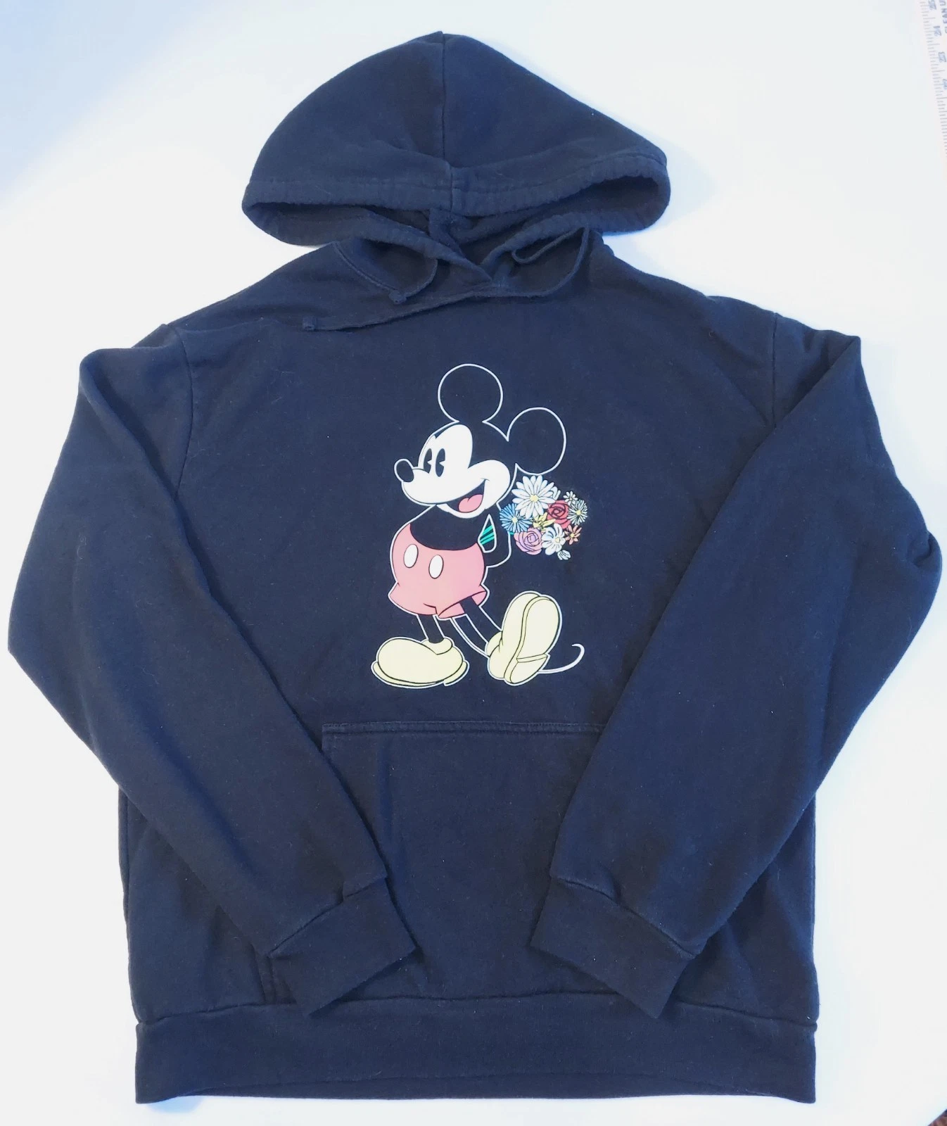 Disney Mickey Mouse Embroidered Floral Black Hoodie Sweatshirt Large Fast Ship