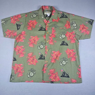 Vintage USMC Kamp Hawaiian Shirt Mens XL Green Short Sleeve Floral EGA Iwo Jima - Image 1 of 4