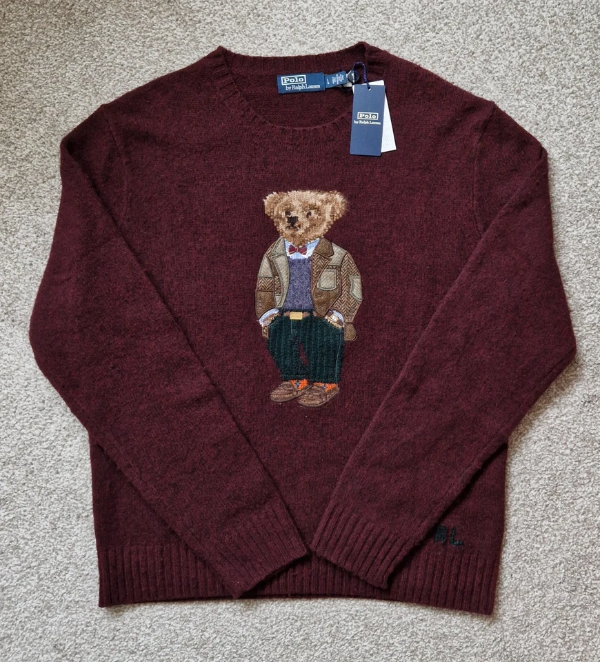Polo Ralph Lauren Wool Cashmere Knitted Bear Sweater Burgundy Jumper Size L £549 - Image 3 of 4