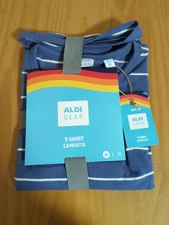 Medium ALDI GEAR Blue Striped Crew Neck Relaxed Boxy Fit Logo T-Shirt Womens