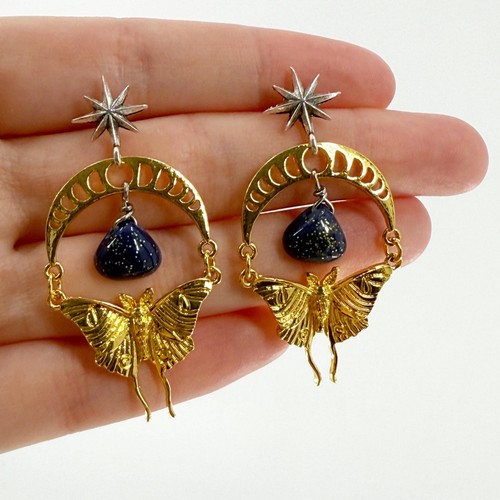 Luna Moth Earrings, Gold Moth Earrings, Stone Earrings, Moon Phase Earrings