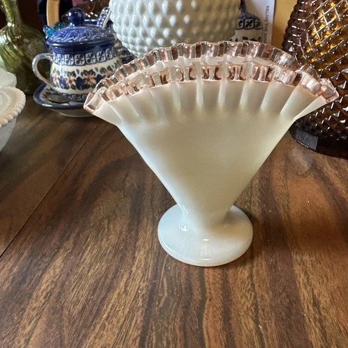 Fenton Pink Rose Crest Milk Glass Vase 4.5 Inches Tall Ruffled Edge
