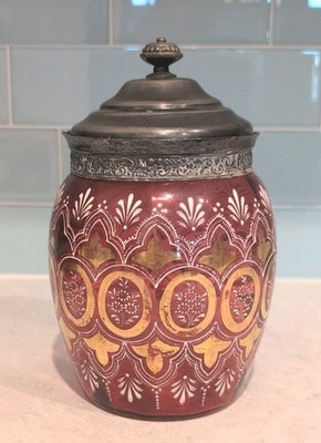 Antique Victorian Bohemian Cranberry and Gold Moser Style Biscuit Jar 8 1/2 