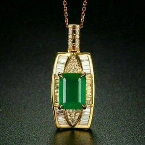 Authentic 2.50Ct Green Emerald Elongated Retro Engagement Pendant 14K Yellow Gold Plated