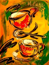 COFFEE CUPS     BY  MARK KAZAV - ORIGINAL OIL PAINTING ABSTRACT 11x14 d2Ef