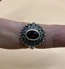 Vintage 925 Sterling Silver Marcasite & Garnet Ring / Size 9