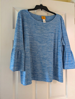 Ruby Rd Womens XL Blue/White Striped Scoop Neck 3/4 Bell Sleeve Knit Tunic