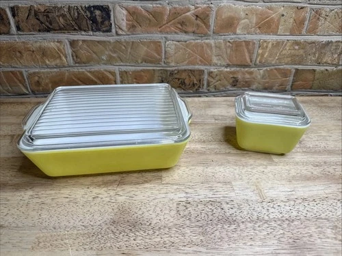 Vintage Pyrex Yellow Daisy Set Refrigerator Fridgie Dish w/Ribbed 503-B & 501 B