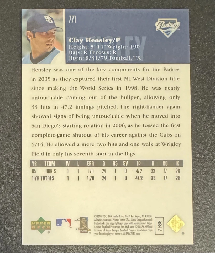 Clay Hensley 2006 Upper Deck Special FX Purple /150 #771 - San Diego Padres - Image 2 of 2