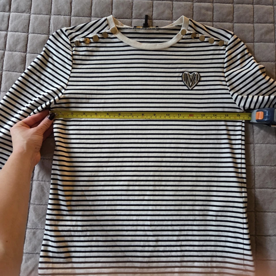 MAJE Black White Striped Long Sleeve Tee Gold Snap Collar Blouse Shirt Sz 1 S - Image 4 of 4