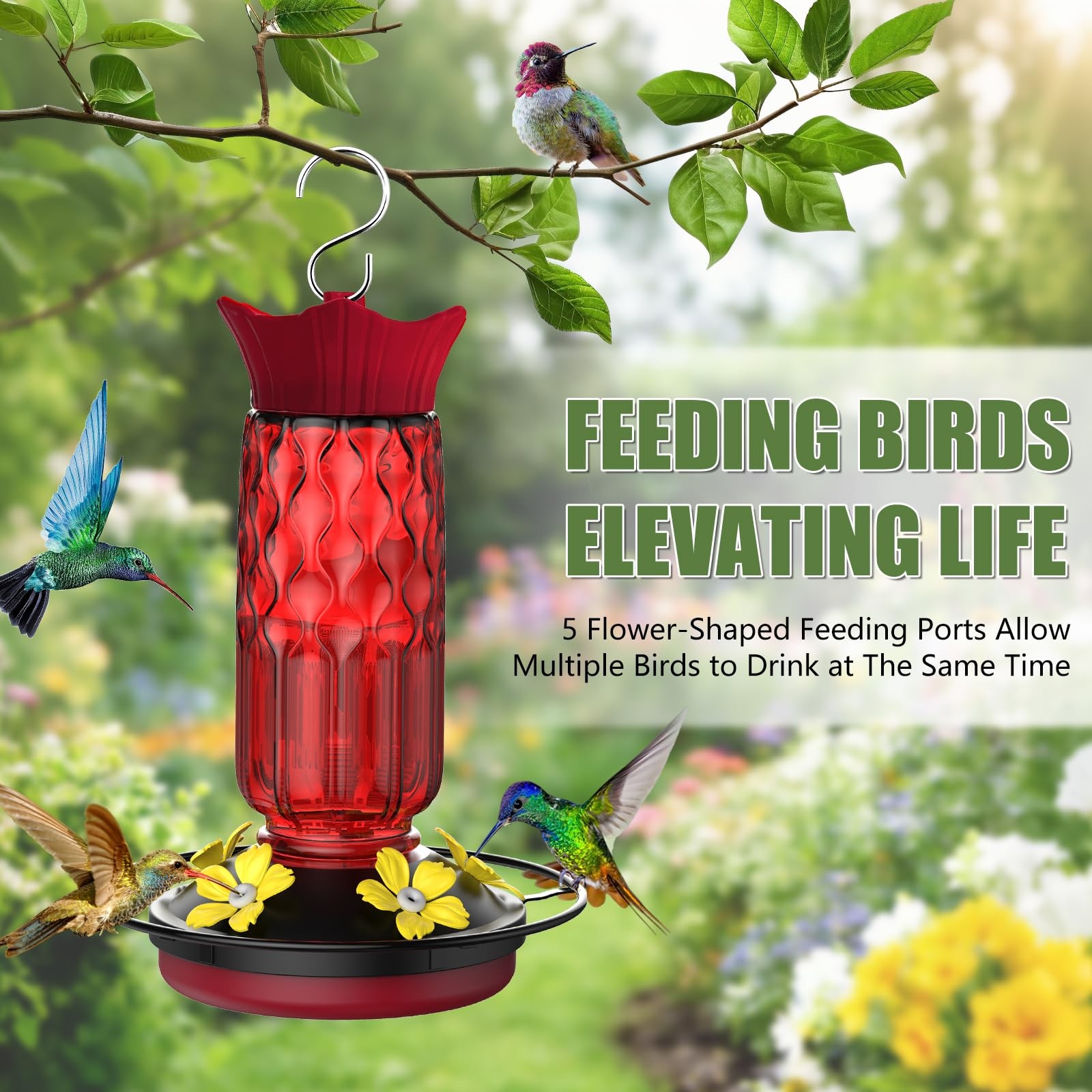 Hummingbird Feeders for Outdoors, Hanging Hummingbird Feeder w/ 5 Feeding Ports