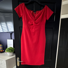 New Look Sheath Dress UK 16 Red Knee Length V-Neck Twist Front Stretch