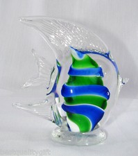 NEW MURANO STYLE CLEAR BLUE GREEN WHITE STRIPE ART GLASS FISH DECORE FIGURINE