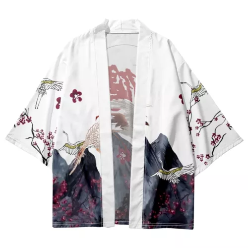 Men Japanese Kimono Outwear Loose Yukata Bathrobe Cardigan Crane Print Top - Bild 2 von 12