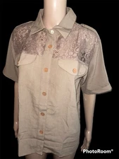 VTG 80s Women’s Gitano Button Up Short Shirt Sleeve Medium MOM Lace Brown NWT
