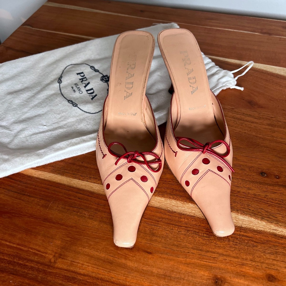 Prada Retro Pink Leather Kitten Heels w Bow Open Back 2.5