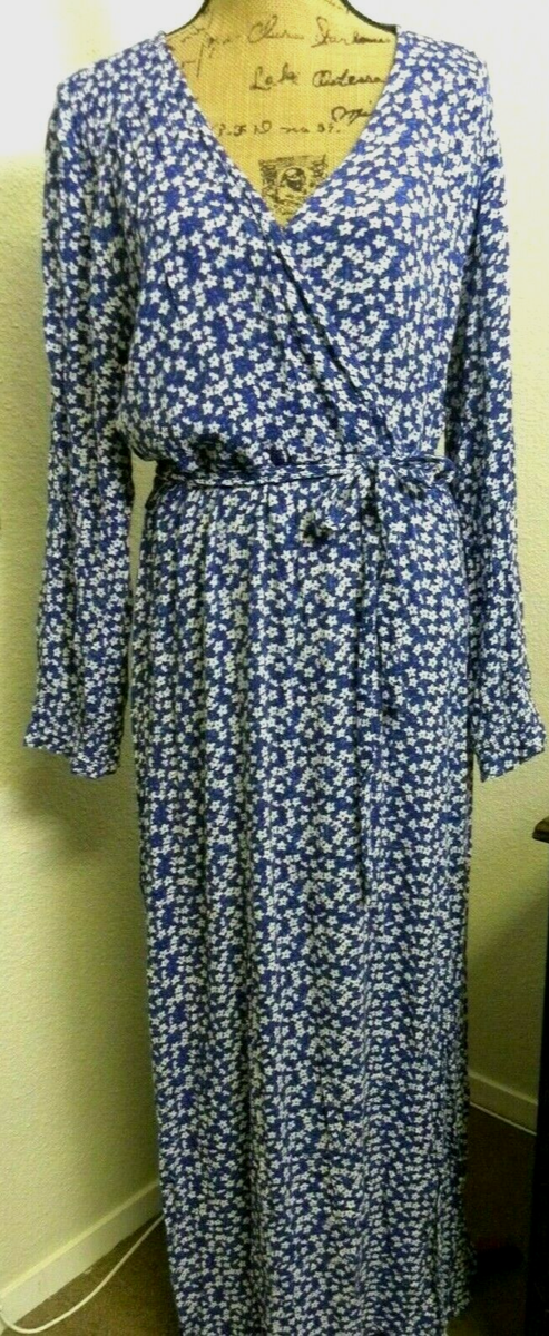eci NY Blue & White Floral Maxi Dress Women's 14 Belted 100% Rayon Slit