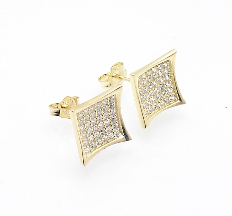 Micro Pave Pave Kite Stud Earrings Push Back 14K Yellow Gold