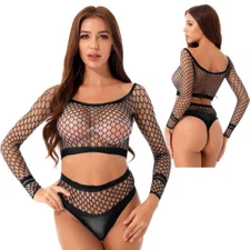 Woman's Fishnet Lingerie Long Sleeve Crop Top High Waist Thongs Bikini Cover Ups
