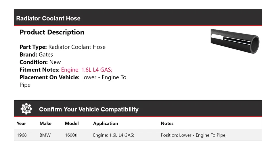 Manguera de refrigerante de radiador inferior para BMW 1600ti 1968 - puertas de motor a tubería Foto 2 de 4