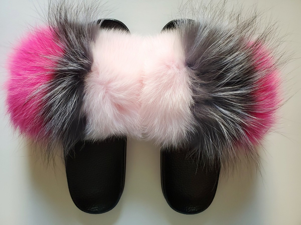 Womens Fashion Fur Slides Flip Flops Slippers Pink Gray Fluffy Sandals sz 10