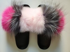 Womens Fashion Fur Slides Flip Flops Slippers Pink Gray  Fluffy Sandals sz 10