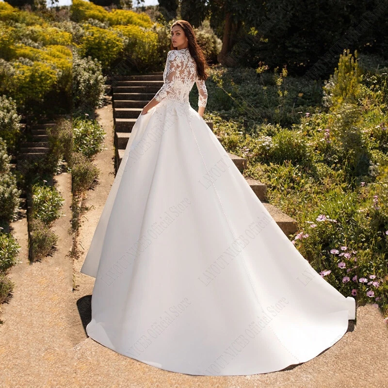 Elegantes Vestidos de Novia de Encaje Manga Larga Ilusión 3D Floral Satén Vestidos de Novia Foto 2 de 4