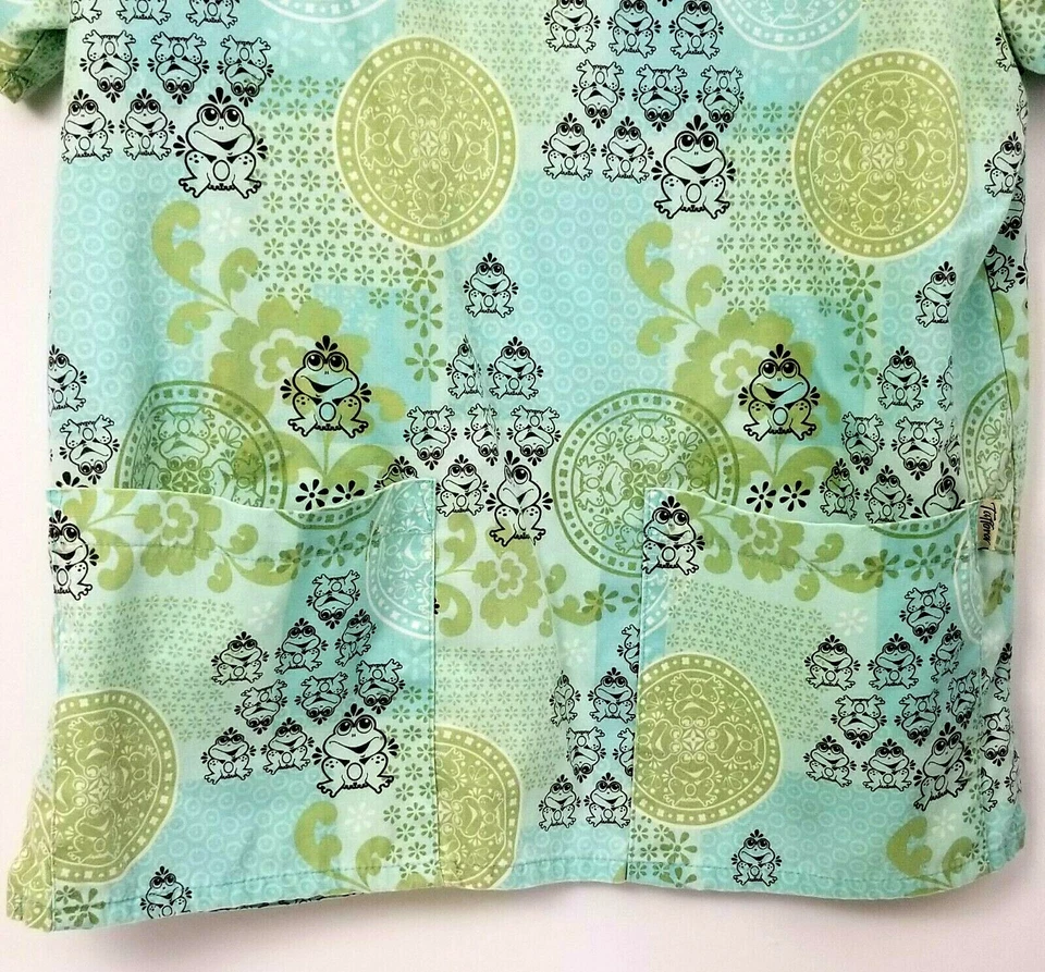 Tafford Womens Scrub Top XS Teal Green Blue Mint Frogs Brown Work Shirt - Image 3 of 4