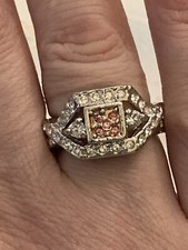 Silver Tone Ring Pink & Clear Diamante Square Halo Size N Vintage Style