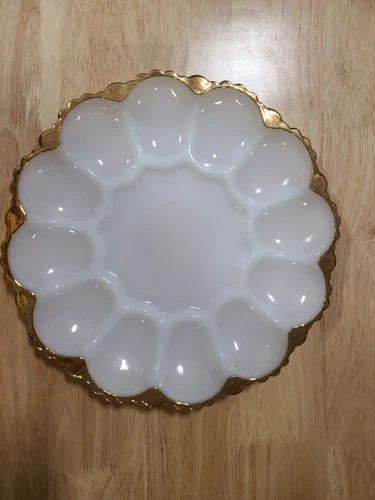 Vintage Anchor Hocking Deviled Egg Plate with Gold Trim; Holds 12 Eggs