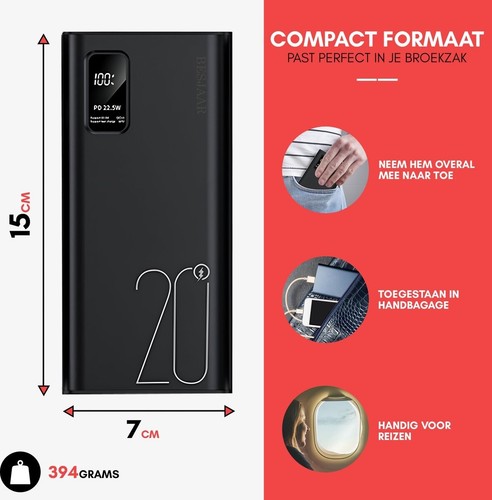 Besjaar® Powerbank – powerbank 20000 mah – 22.5W - USB-A/USB-C - Afbeelding 4 van 11