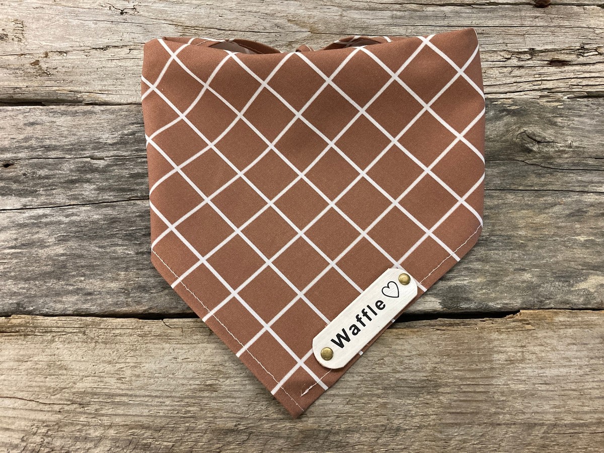 Dog Bandana, Rustic Brown White Window, White Leather Personalized Name  Tag, Tie