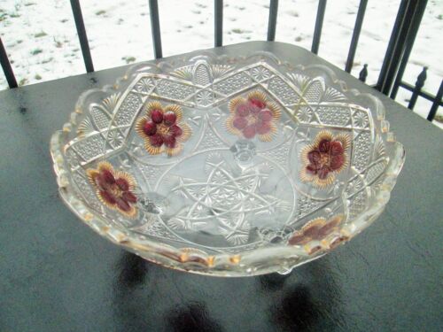 Vtg EAPG Footed Glass Bowl Cranberry purple Gold Stained Flowers Ruffled Edge 8" - Afbeelding 1 van 5
