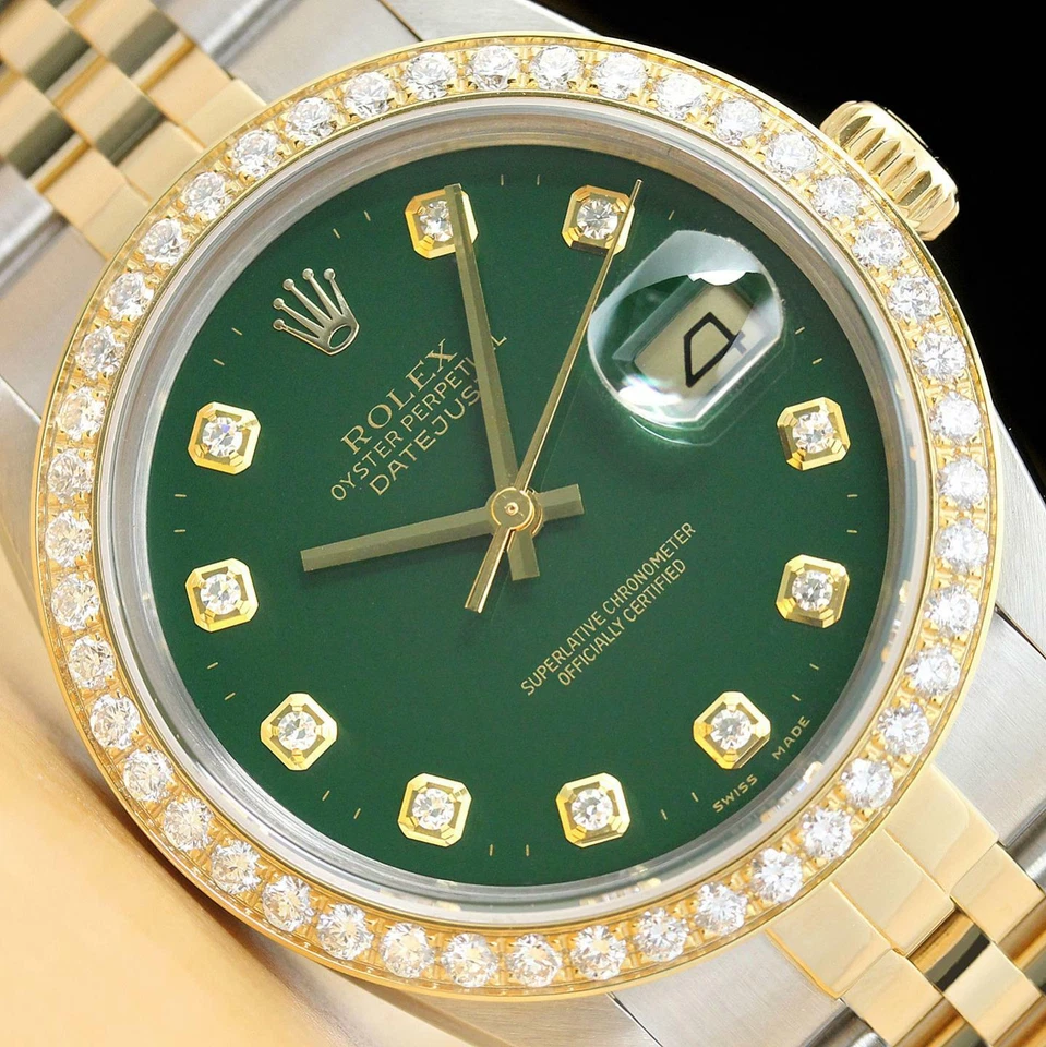 ROLEX MENS DATEJUST GREEN DIAMOND 18K YELLOW GOLD & STEEL WATCH + 1.6 CT BEZEL