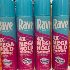 3 Cans Rave 4X Mega Hold Aerosol Hairspray 24 Hour ClimaShield UnScented 11oz