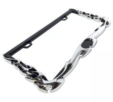 Black Metal Chrome Flame License Plate Tag Frame Holder Car Truck Suv