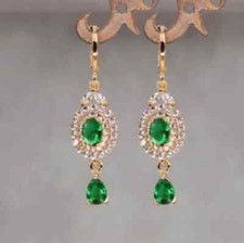 Natural Green Emerald 3Ct Oval Cut Drop/Dangle Earring 14K Yellow Gold Plated