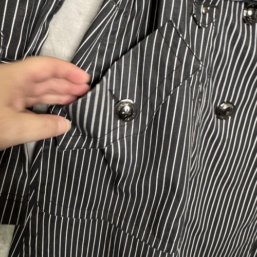Black Rivet Trench Coat Womens Large Pinstripe Double Breasted Belted Classic - Picture 4 of 17