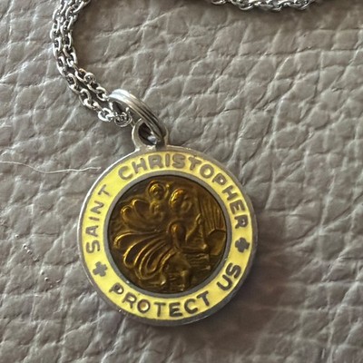 Vintage Yellow Enamel Saint Christopher Pendant Charm Silver Plate or Stainless