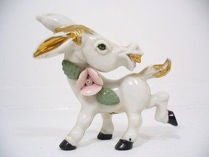 #756 Vintage White Playful, Whimsical Donkey figurine. White with golden accent
