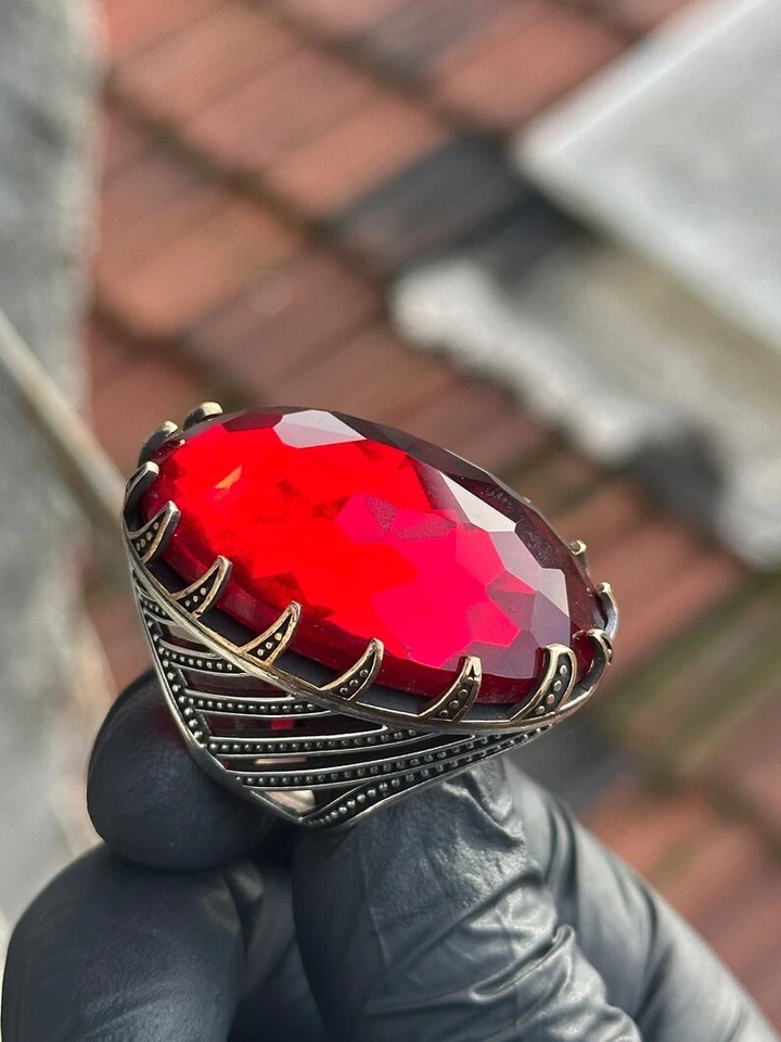 Anillo grande de piedra rubí hecha a mano para hombre 925 Foto 4 de 4